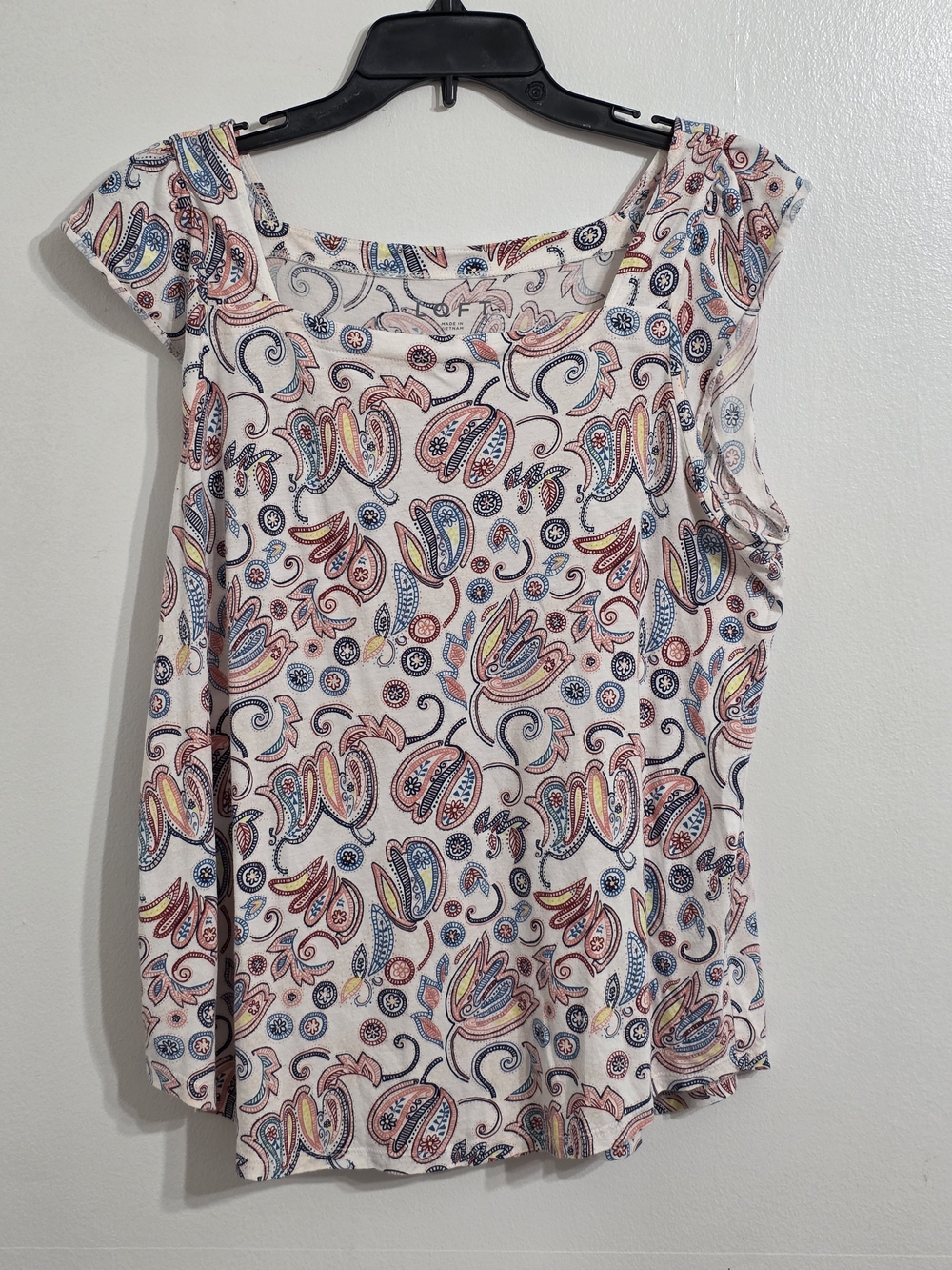 LOFT Cream Paisley Cap Sleeve Tee with Pink, Blue & Yellow Accents